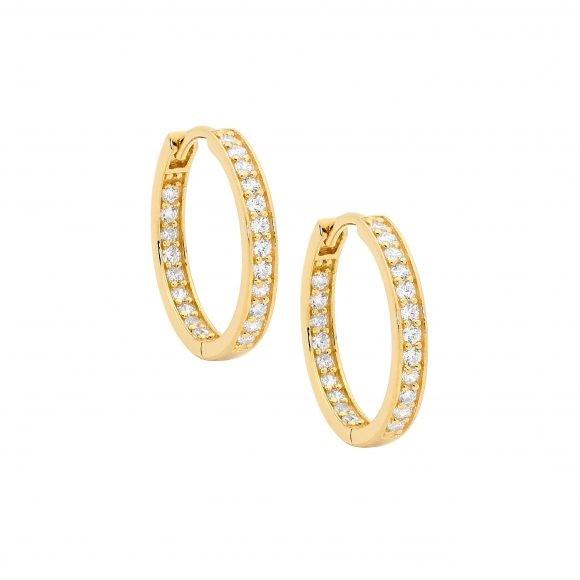 Ellani Sterling Silver & Yellow Gold Plated White Cubic Zirconia Single Row Inside Out 18mm Huggie Hoop Earrings