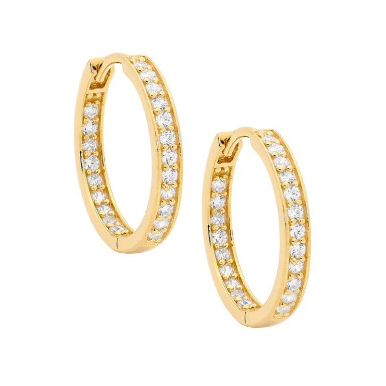 Ellani Sterling Silver & IP Yellow Gold Plated White Cubic Zirconia Single Row Inside Out 18mm Huggie Hoop Earrings