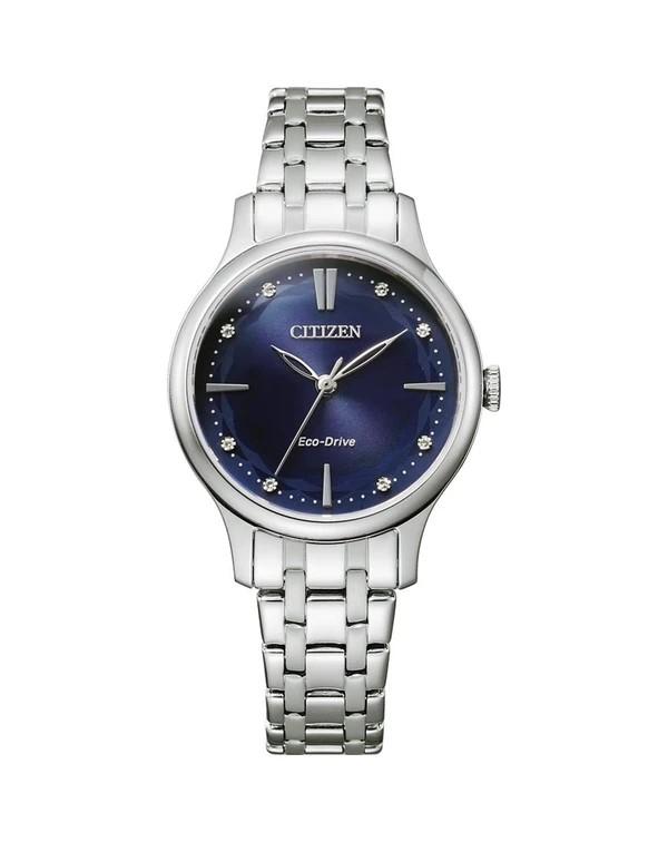 Citizen Ladies Steel Eco Drive blue/round/crystal dial 50m WR Bracelet Watch Code: EM089085L