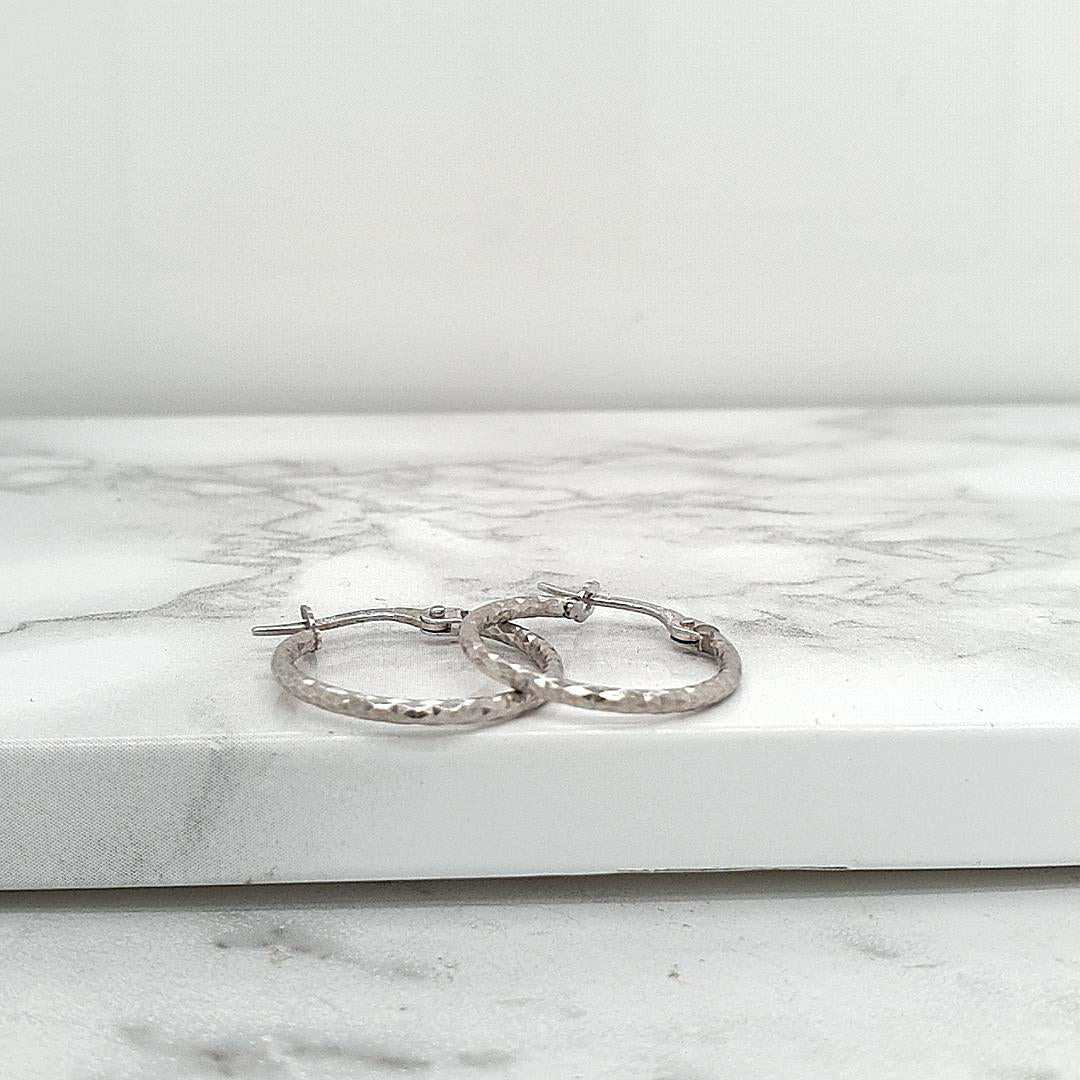 9ct white gold 15mm diamond cut tube hoop earrings