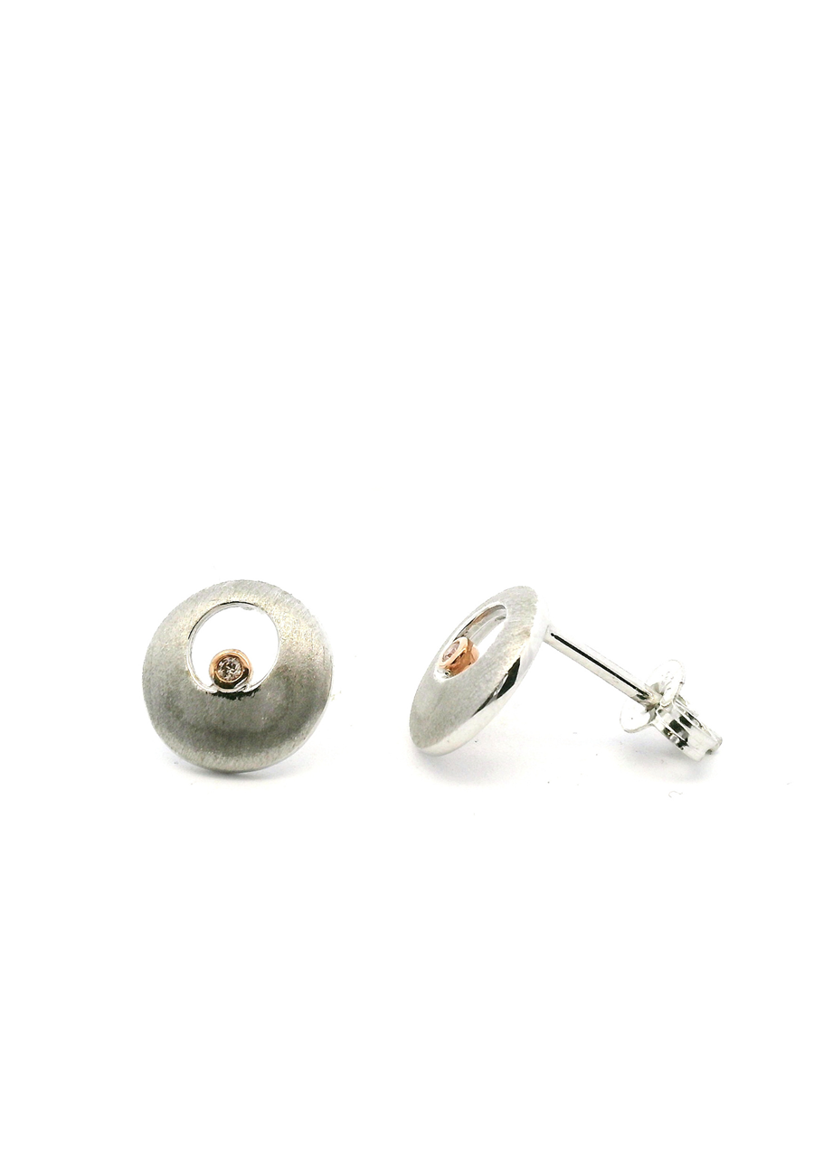 9ct White & Rose Gold 0.015ct Pink Round Brilliant Diamond Satin Finish Disc Style Stud Earrings
