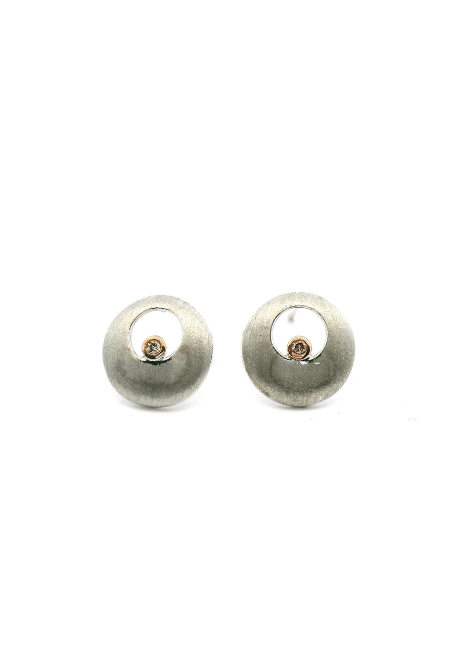 9ct White & Rose Gold 0.015ct Pink Round Brilliant Diamond Satin Finish Disc Style Stud Earrings