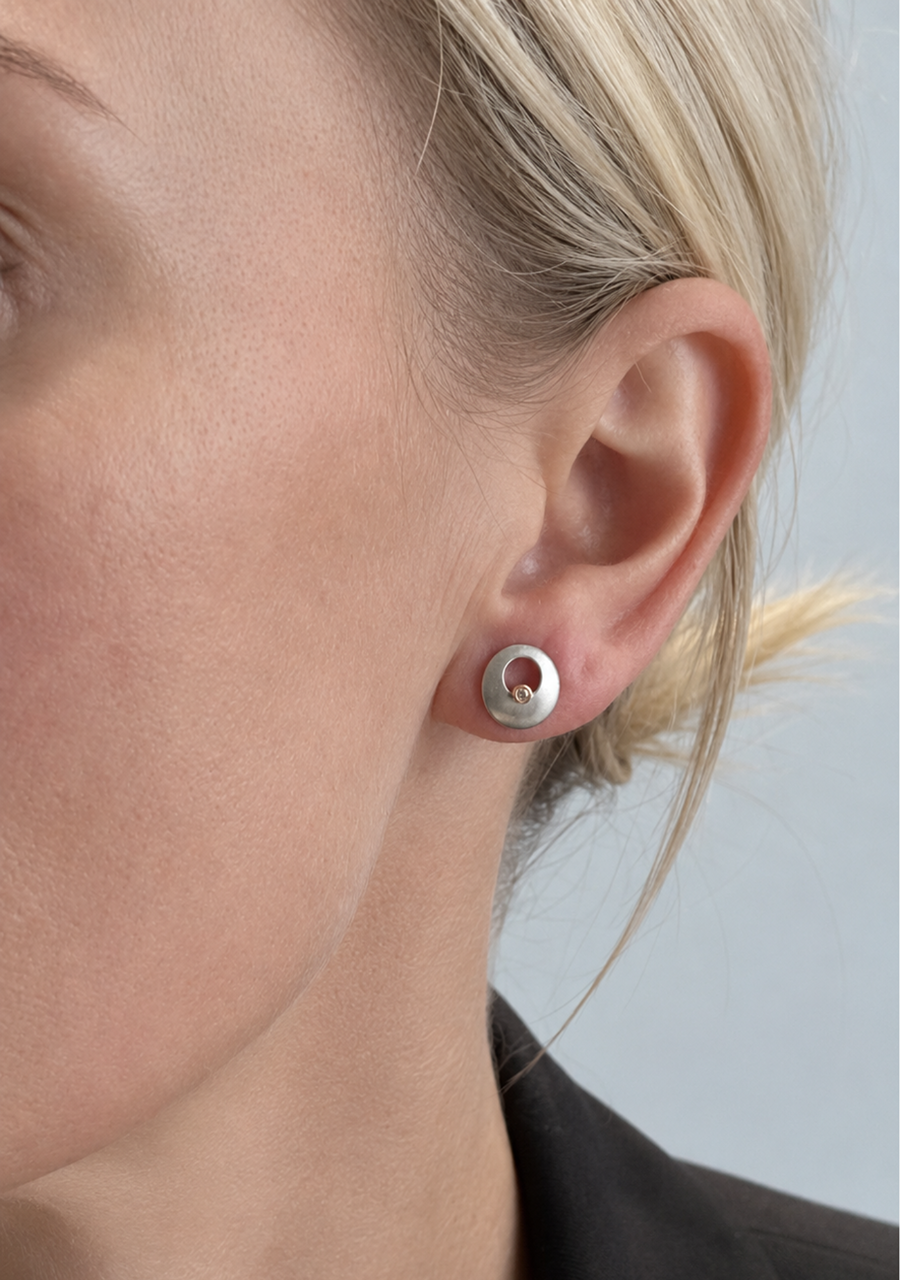 9ct White & Rose Gold 0.015ct Pink Round Brilliant Diamond Satin Finish Disc Style Stud Earrings
