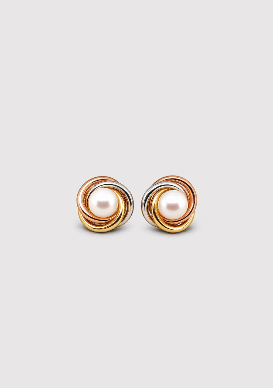 9ct tri tone Freshwater Pearl and Knot stud Earrings