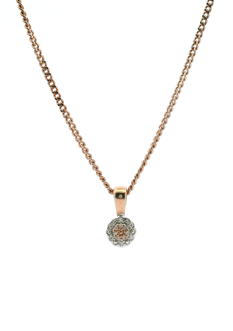 9ct Rose & White Gold Pink & Round Brilliant Diamond Cluster Pendant