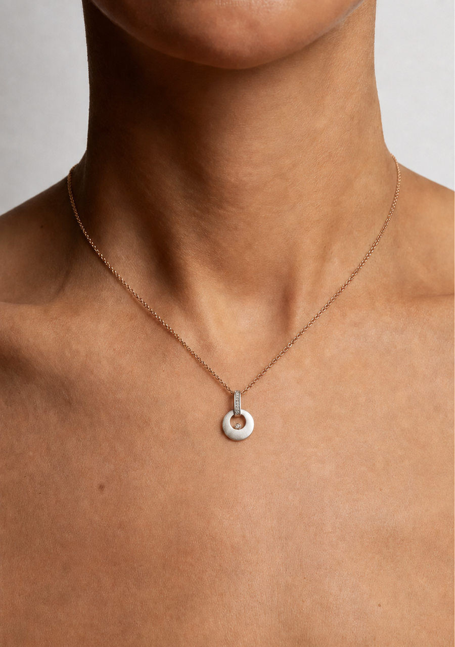9ct White & Rose Gold Pink & White Round Brilliant Diamond Satin Finish Disc Style Pendant