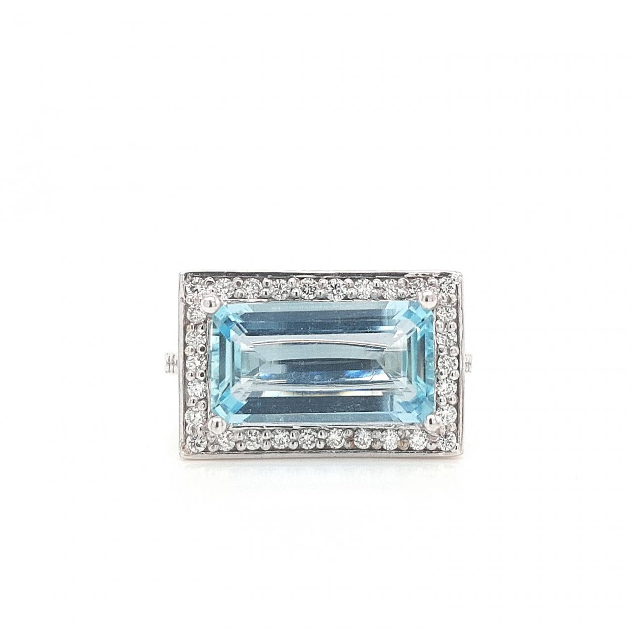 Aquamarine & Diamond 9ct White Gold Bead Set Halo Ring