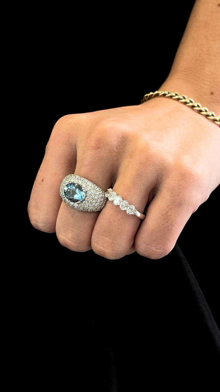 Aquamarine & Diamond Dome Ring in 18ct Yellow & White Gold
