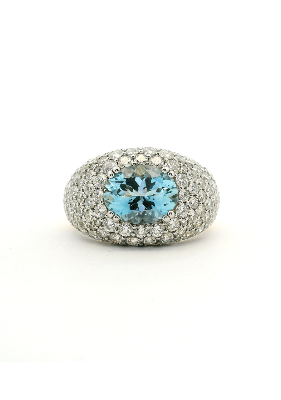 Aquamarine & Diamond 18ct Yellow & White Gold Dome Pave Set Ring