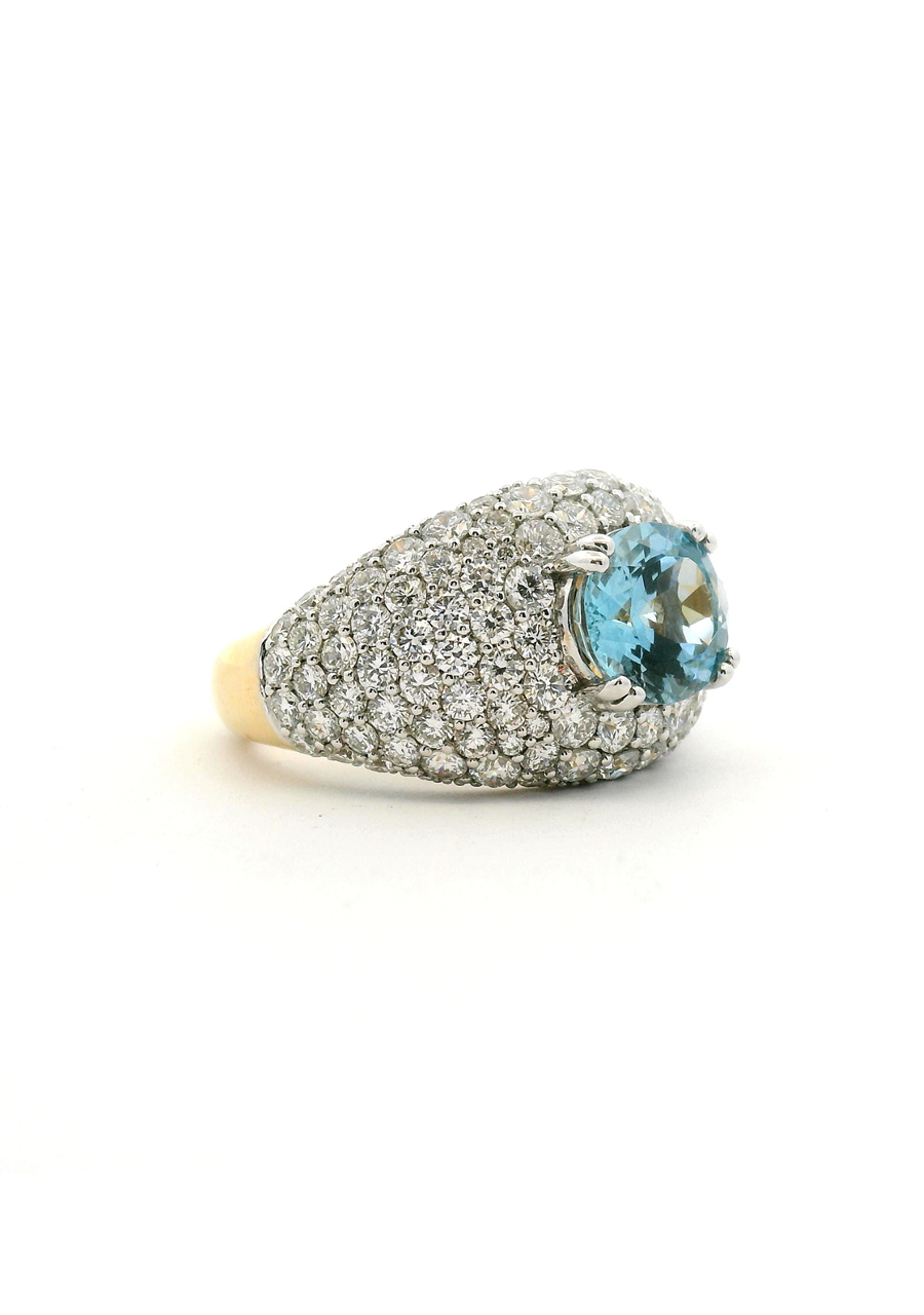 Aquamarine & Diamond 18ct Yellow & White Gold Dome Pave Set Ring