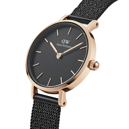 Daniel Wellington 24mm Rose Gold Plated Petite Pressed Ashfield Mesh Strap Watch with Black Dial