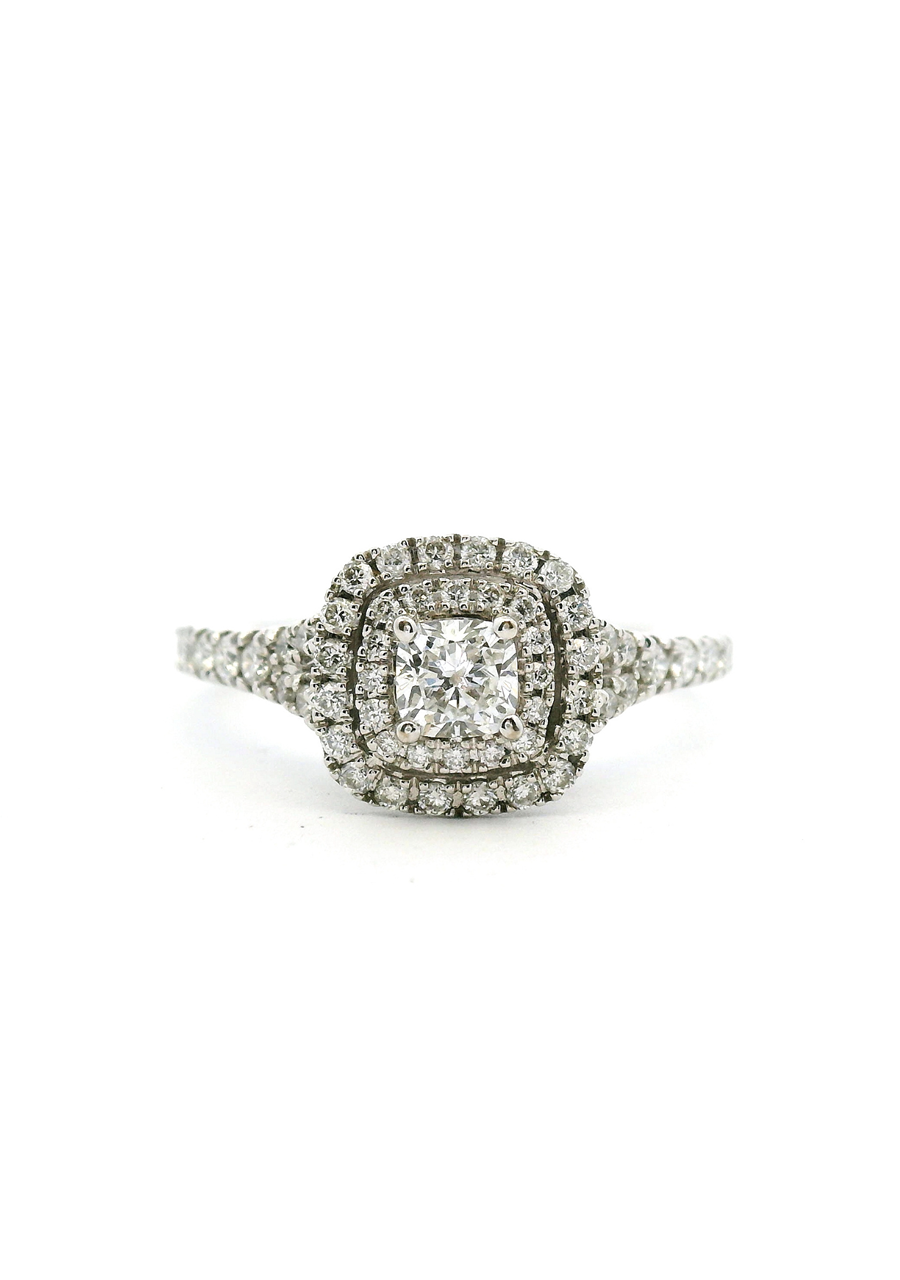 18ct White Gold 0.33ct Centre Cushion Cut Diamond with 0.48ct Accent Double Halo & Shoulder Diamond Ring