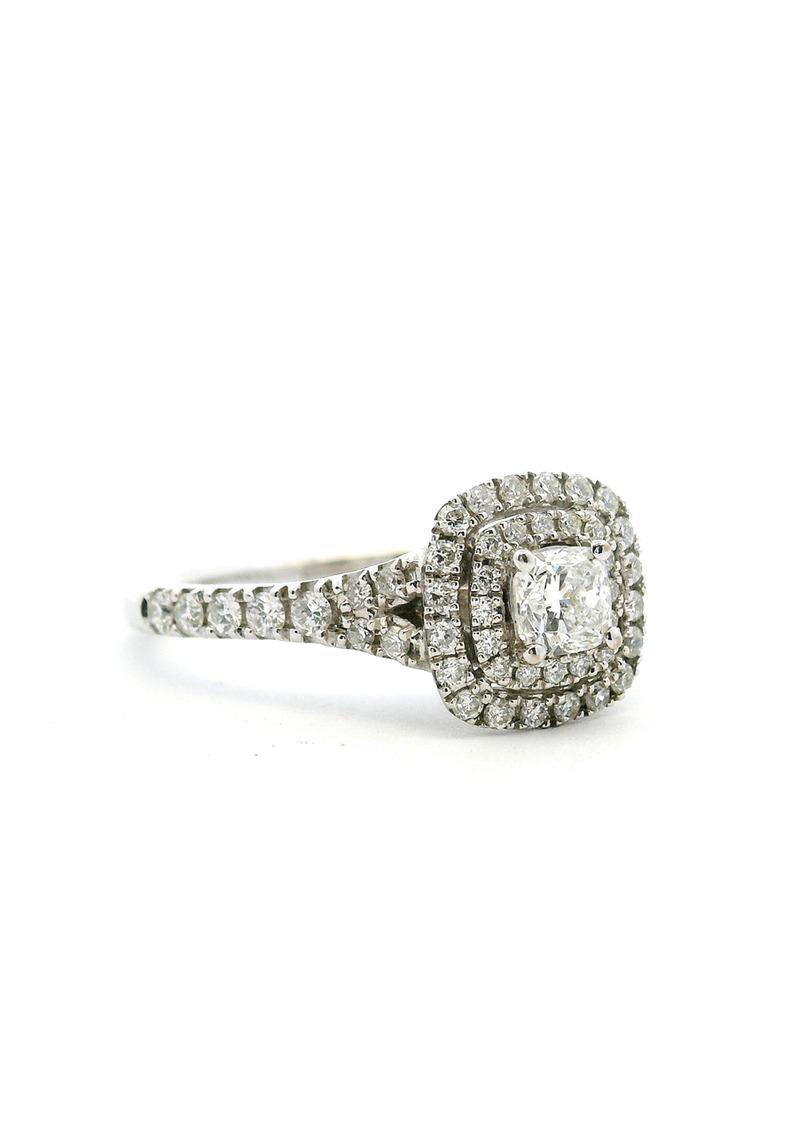 18ct White Gold 0.33ct Centre Cushion Cut Diamond with 0.48ct Accent Double Halo & Shoulder Diamond Ring