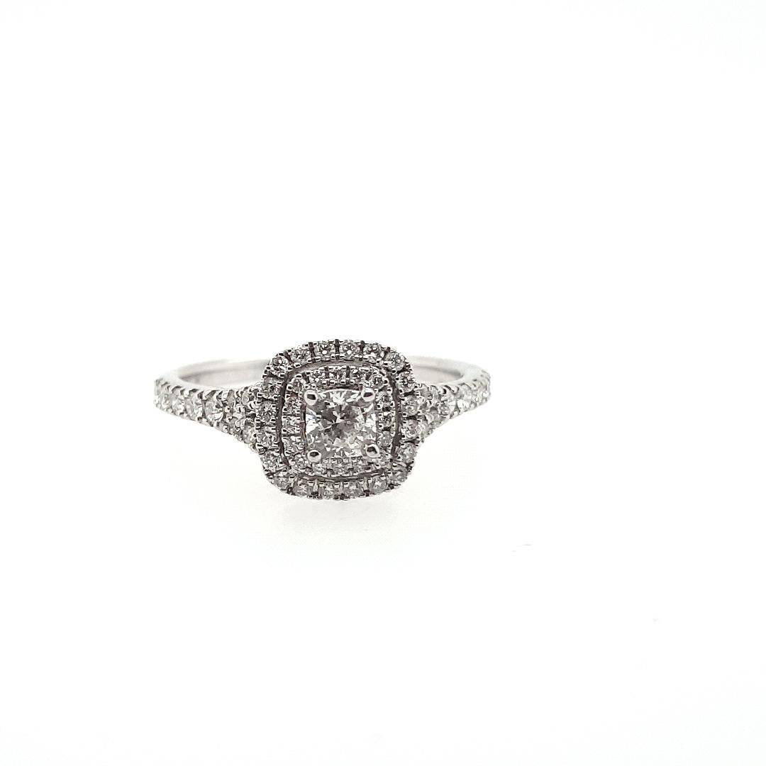 18ct White Gold 0.33ct Centre Cushion Cut Diamond with 0.48ct Accent Double Halo & Shoulder Diamond Ring