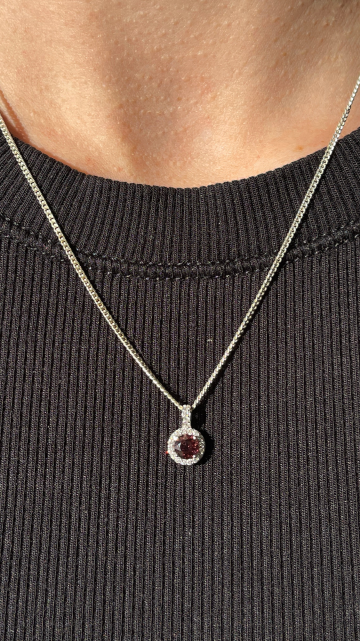 Pink Tourmaline & Diamond Halo Pendant in 9ct White Gold