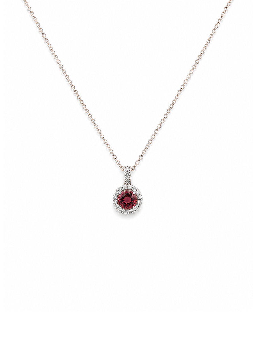 9ct White Gold Round Pink Tourmaline & Round Brilliant Diamond Halo Cluster Pendant