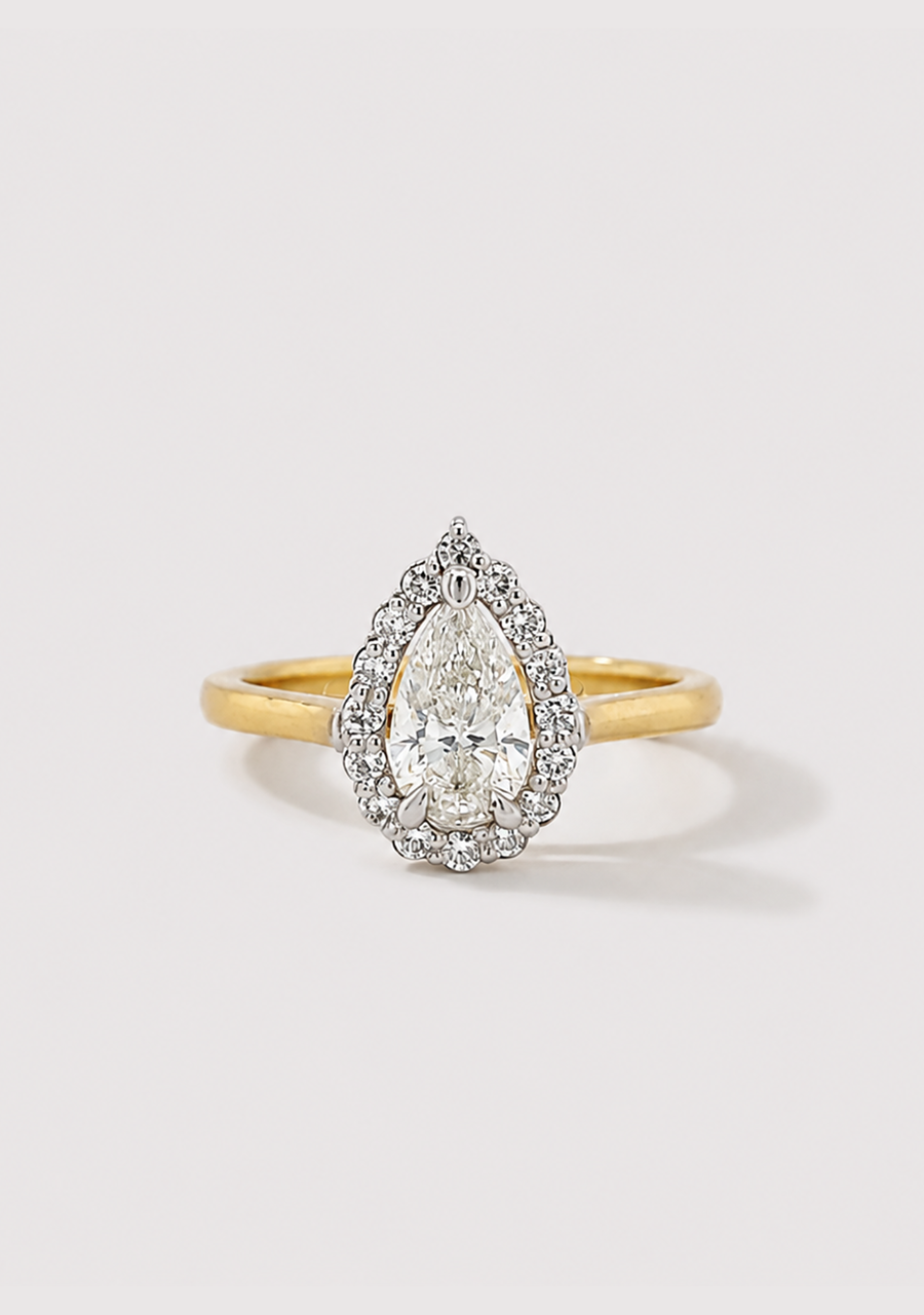18ct Two-Tone Gold Pear-Cut Diamond Halo Ring