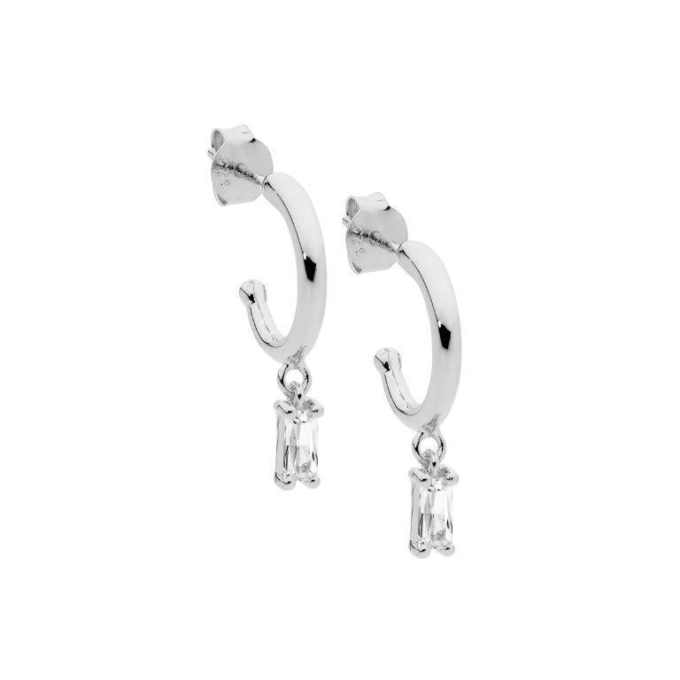 Ellani Sterling Silver 13mm with CZ Baguette Drop Hoop Earrings
