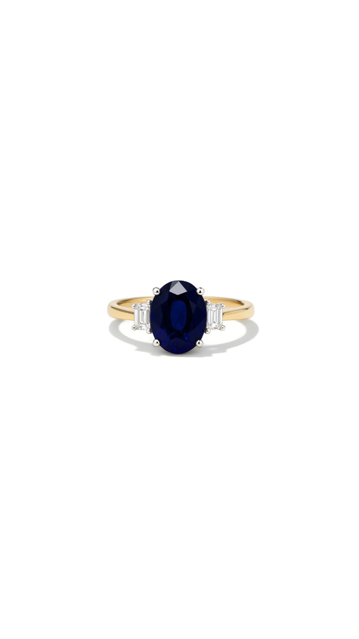 Ceylonese Sapphire & Diamond Trapeze Trilogy Ring