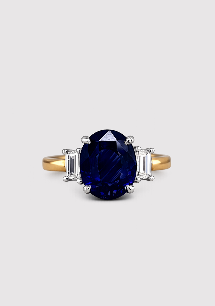Sapphire & Diamond 18ct Yellow & White Gold Oval Ceylonese Sapphire & Trapeze Diamond Ring