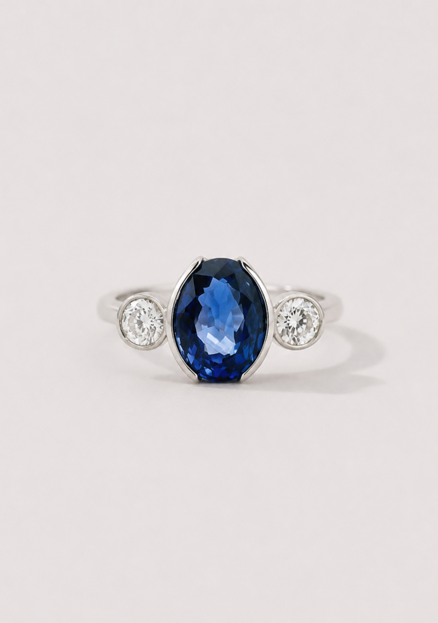 Sapphire & Diamond 18ct White Gold Semi Bezel Set Three Stone Ring