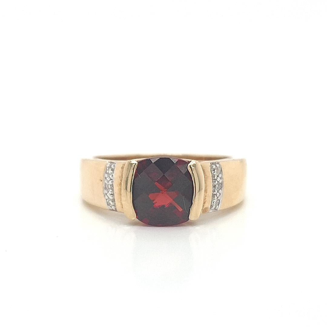 Garnet & Diamond 9k Yellow Gold Semi Bezel Ring