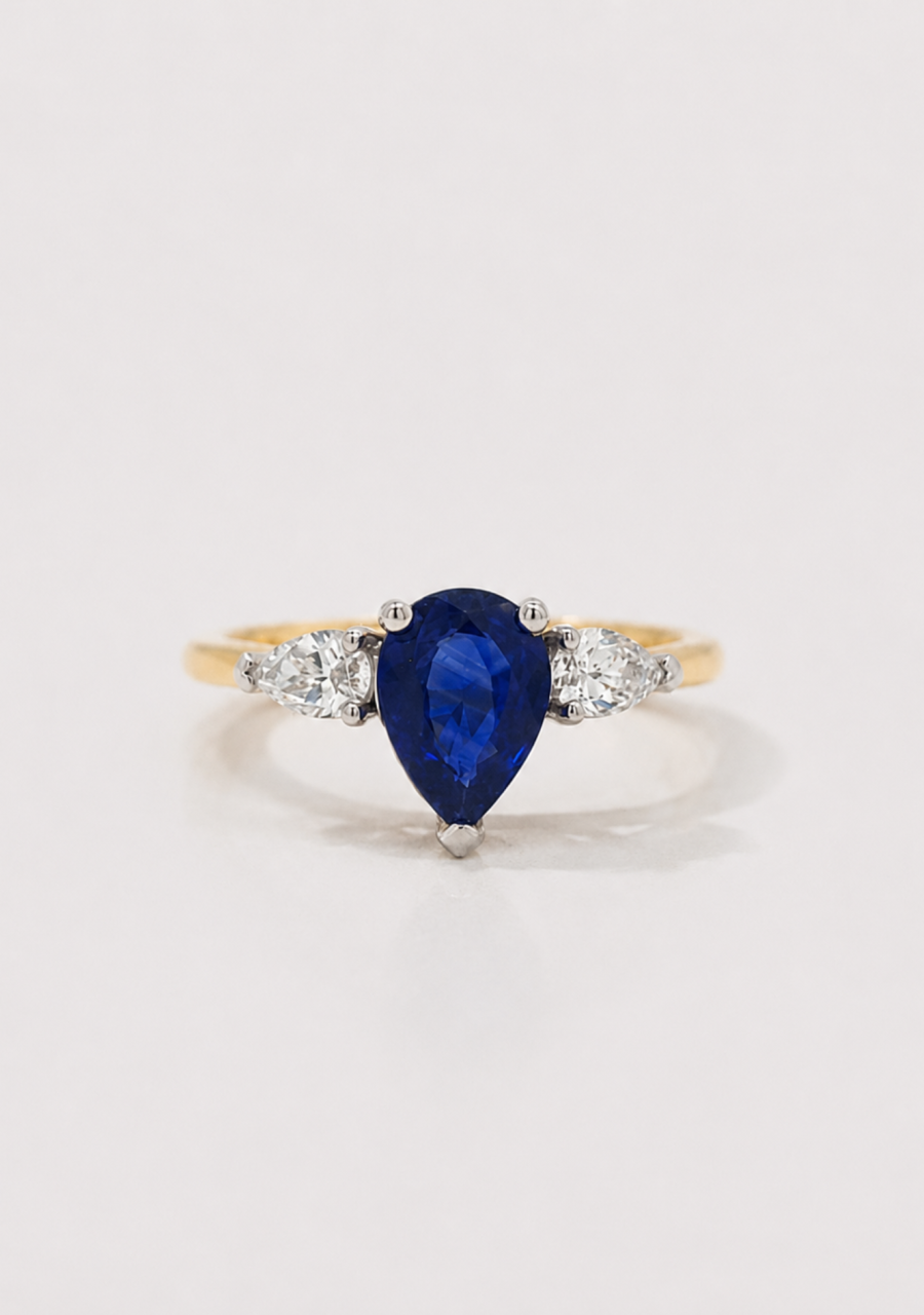 Sapphire & Diamond 18ct Yellow & White Gold Pear Cut Three Stone Ring