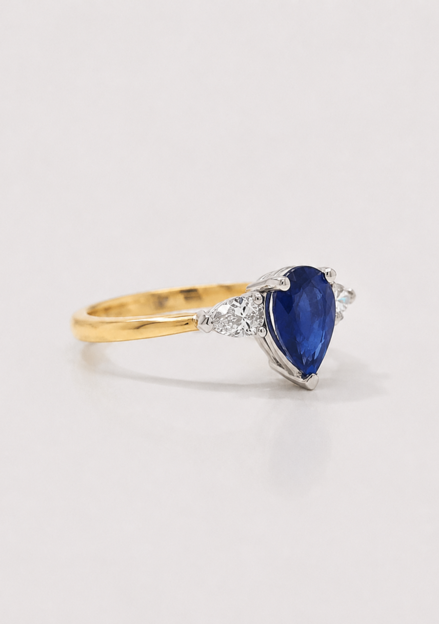 Sapphire & Diamond 18ct Yellow & White Gold Pear Cut Three Stone Ring