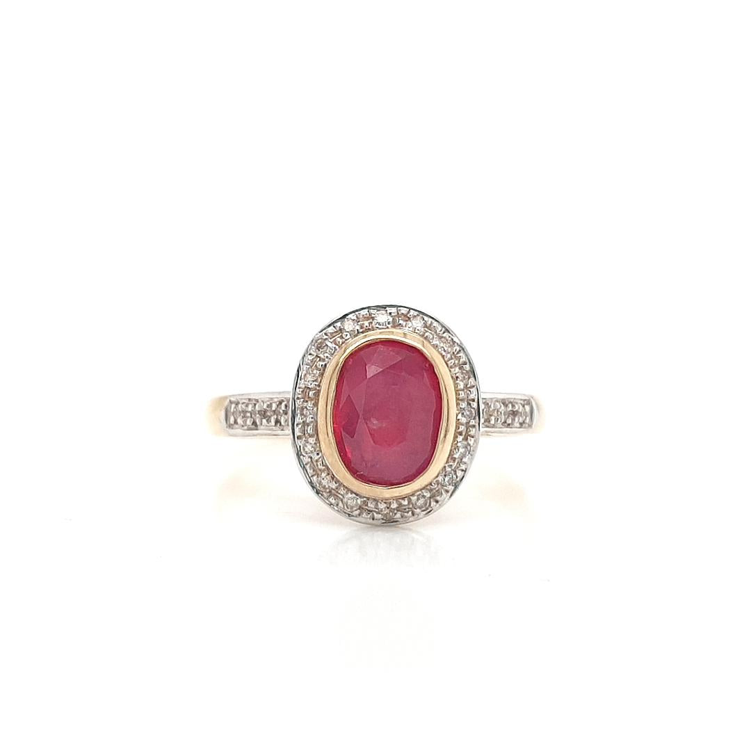 Ruby & Diamond 9k Yellow Gold Bezel Set Halo RIng