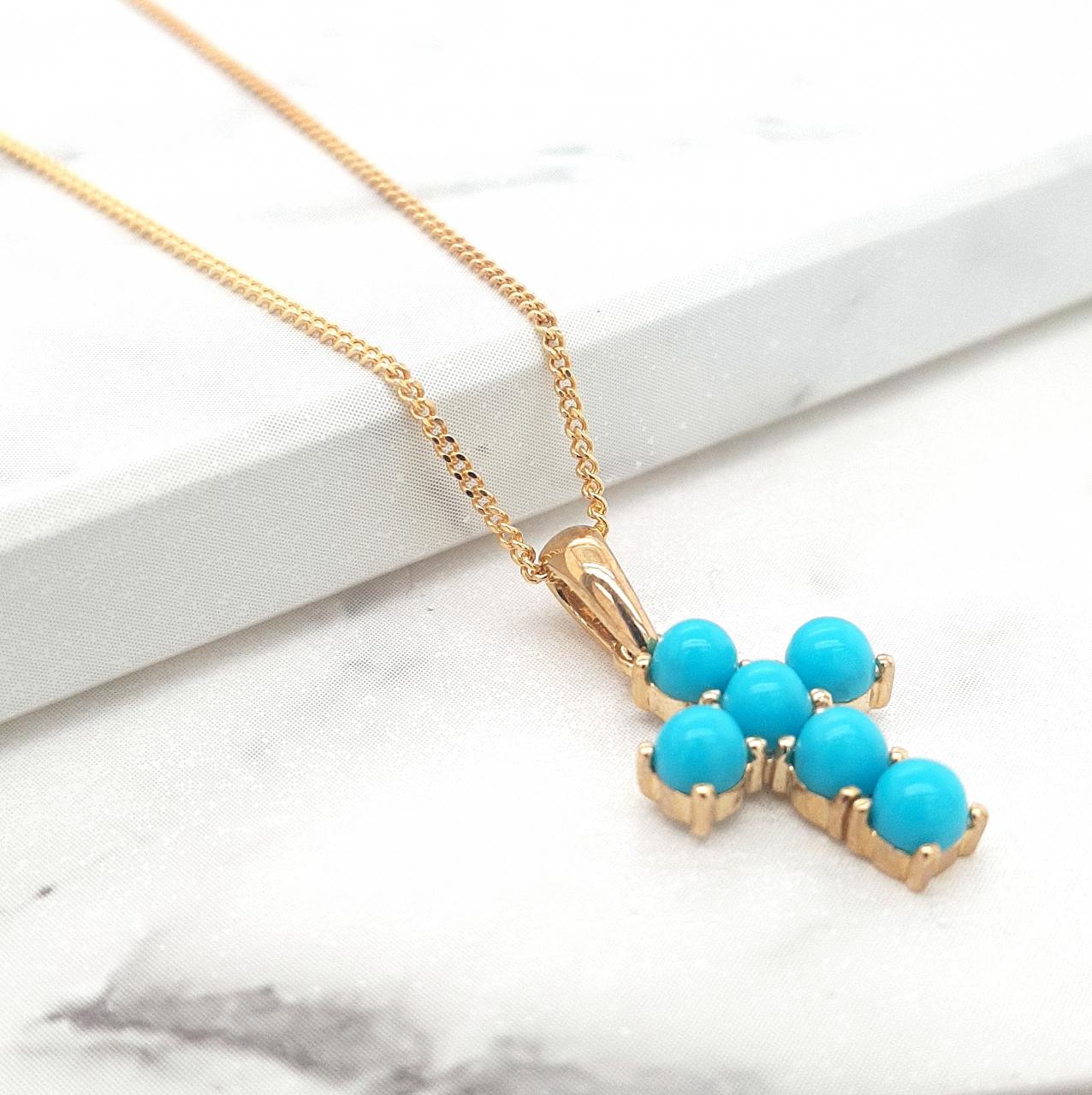 Turquoise 9k Yellow Gold Cross Pendant