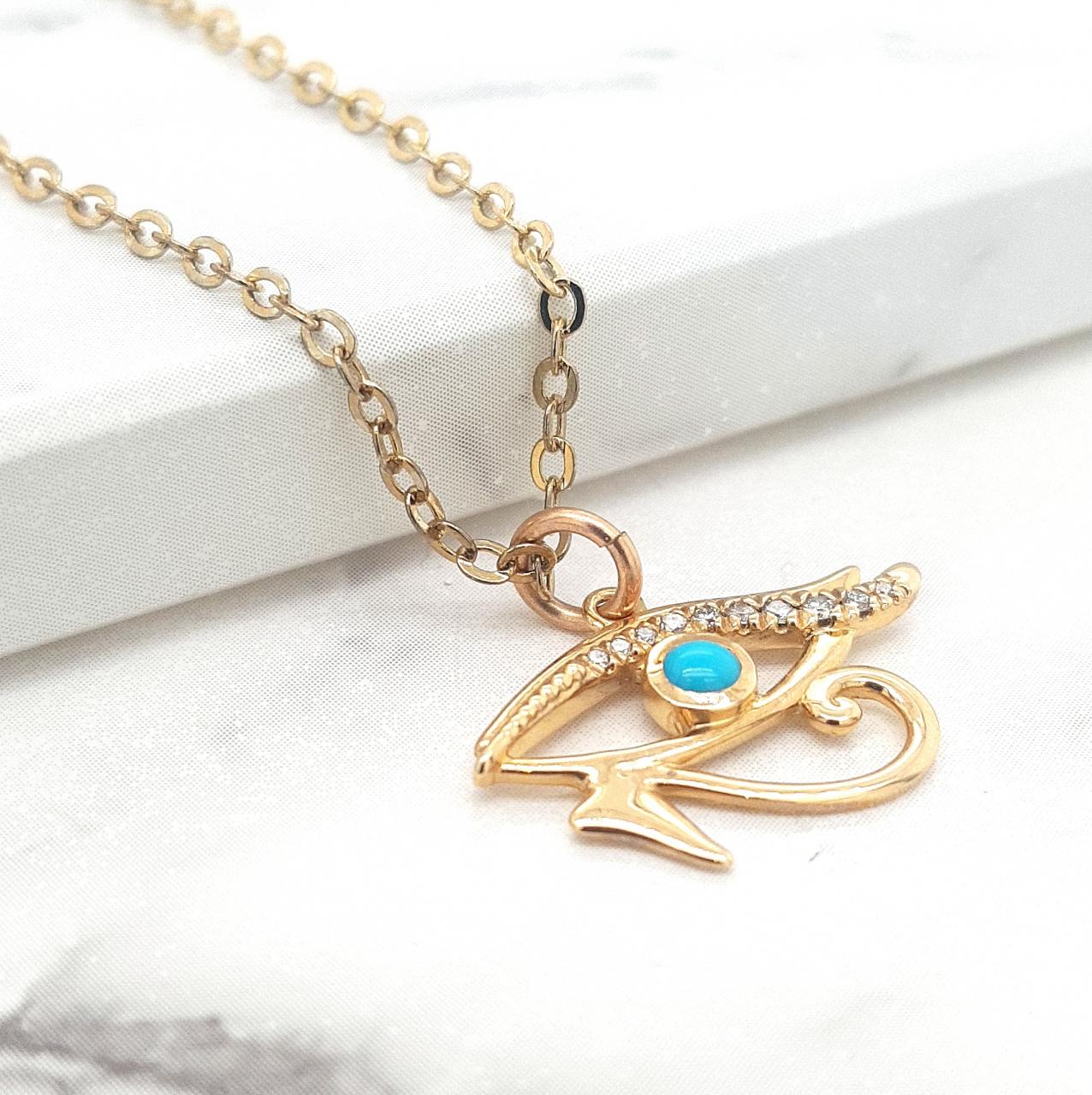 Turquoise & Diamond 14k Yellow Gold Eye of Horus Pendant