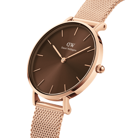 Daniel Wellington 28mm Rose Gold Plated Petite Mesh Strap Watch with Amber Brown Dial