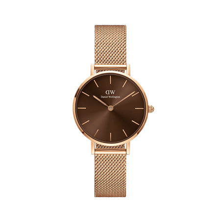Daniel Wellington 28mm Rose Gold Plated Petite Mesh Strap Watch with Amber Brown Dial