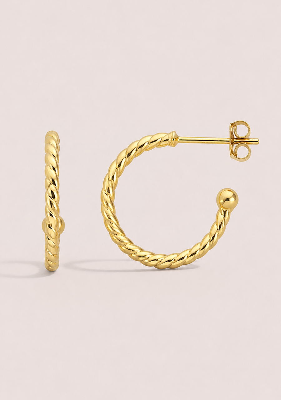 9ct Yellow Gold Twist 2mm Stud Hoop Earrings