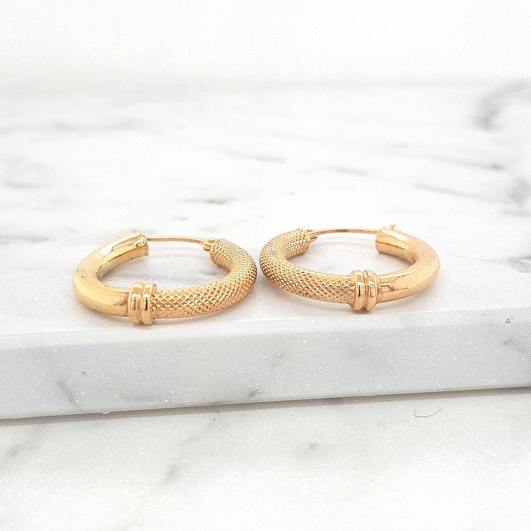 9ct Yellow Gold Half Round 2mm x 15mm Plain & Frosted Hoop Earrings