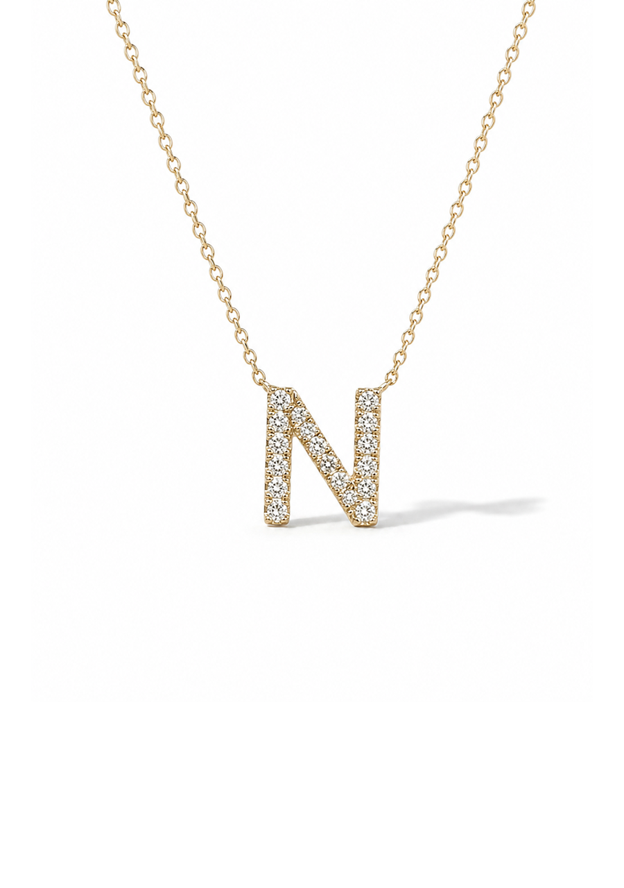 9ct Yellow Gold Initial 'N' Diamond Pendant Necklace