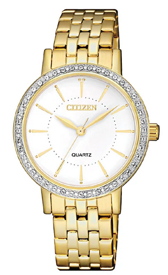 Citizen Ladies Yellow Gold-Plated White Round Dial Quartz Crystal Watch Code: EL3042-84A