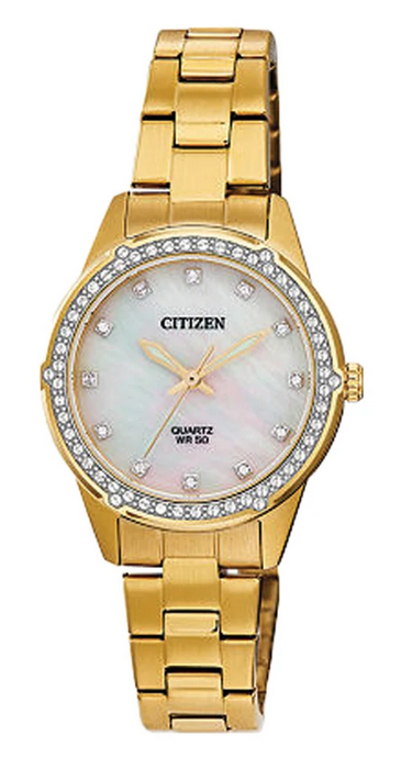 Citizen Ladies Yellow Gold Plated Mother of Pearl Round Dial 50m WR Quartz Watch Code: ER0222-56D