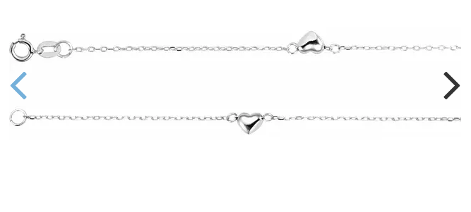 14ct White Gold Rhodium Plated Diamond Cut Cable Chain with Hearts Anklet