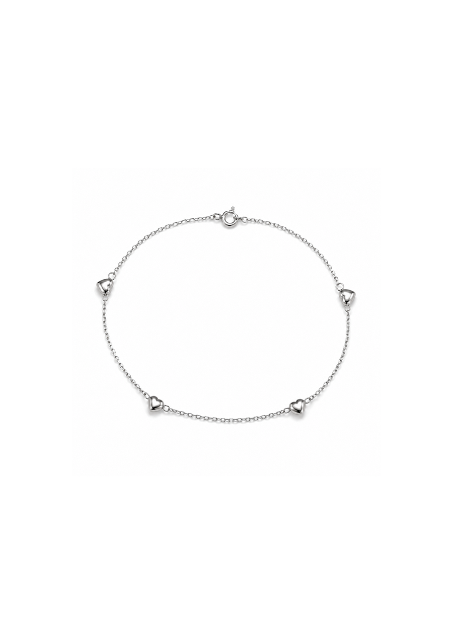 14ct White Gold Rhodium Plated Diamond Cut Cable Chain with Hearts Anklet