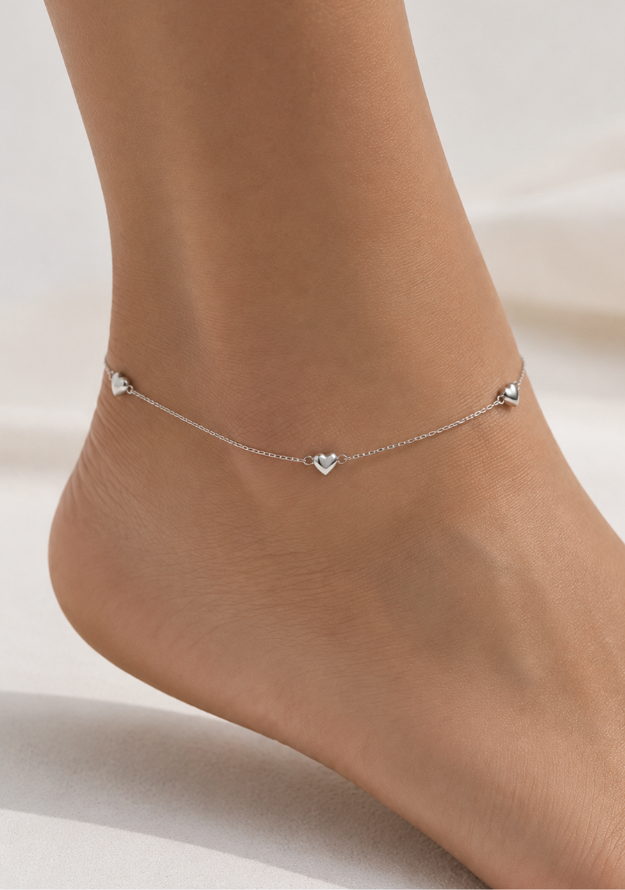 14ct White Gold Rhodium Plated Diamond Cut Cable Chain with Hearts Anklet