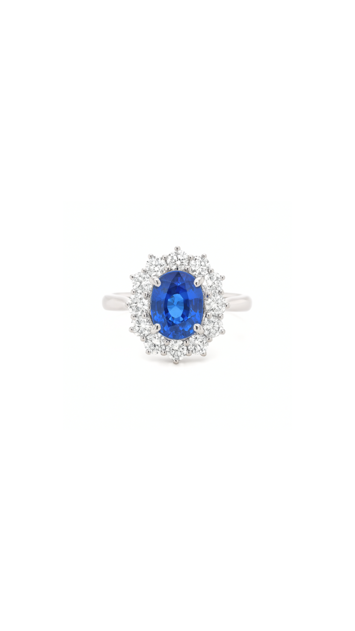 Ceylon Sapphire & Diamond Cluster Ring in 18ct White Gold