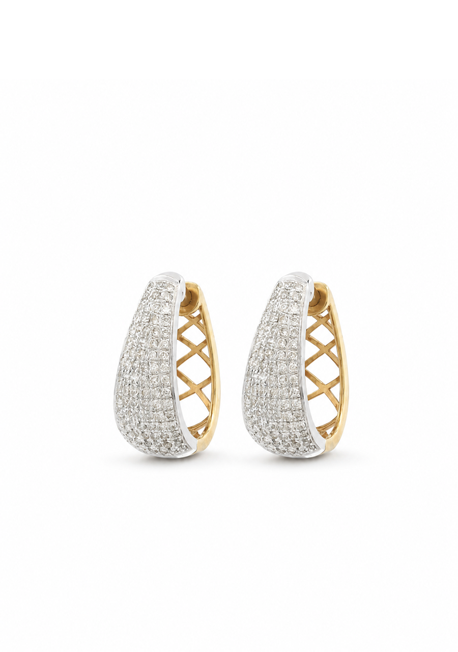 9ct Yellow & White Gold 1ct Round Brilliant Pave Set Diamond Hinged Huggie Earrings