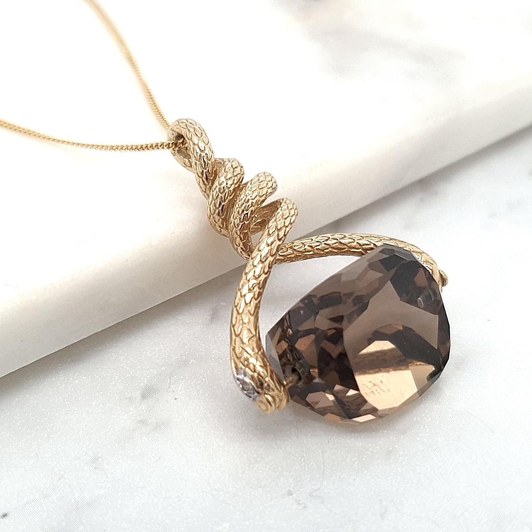 Smokey Quartz 9k Yellow Gold Snake Spinner Pendant