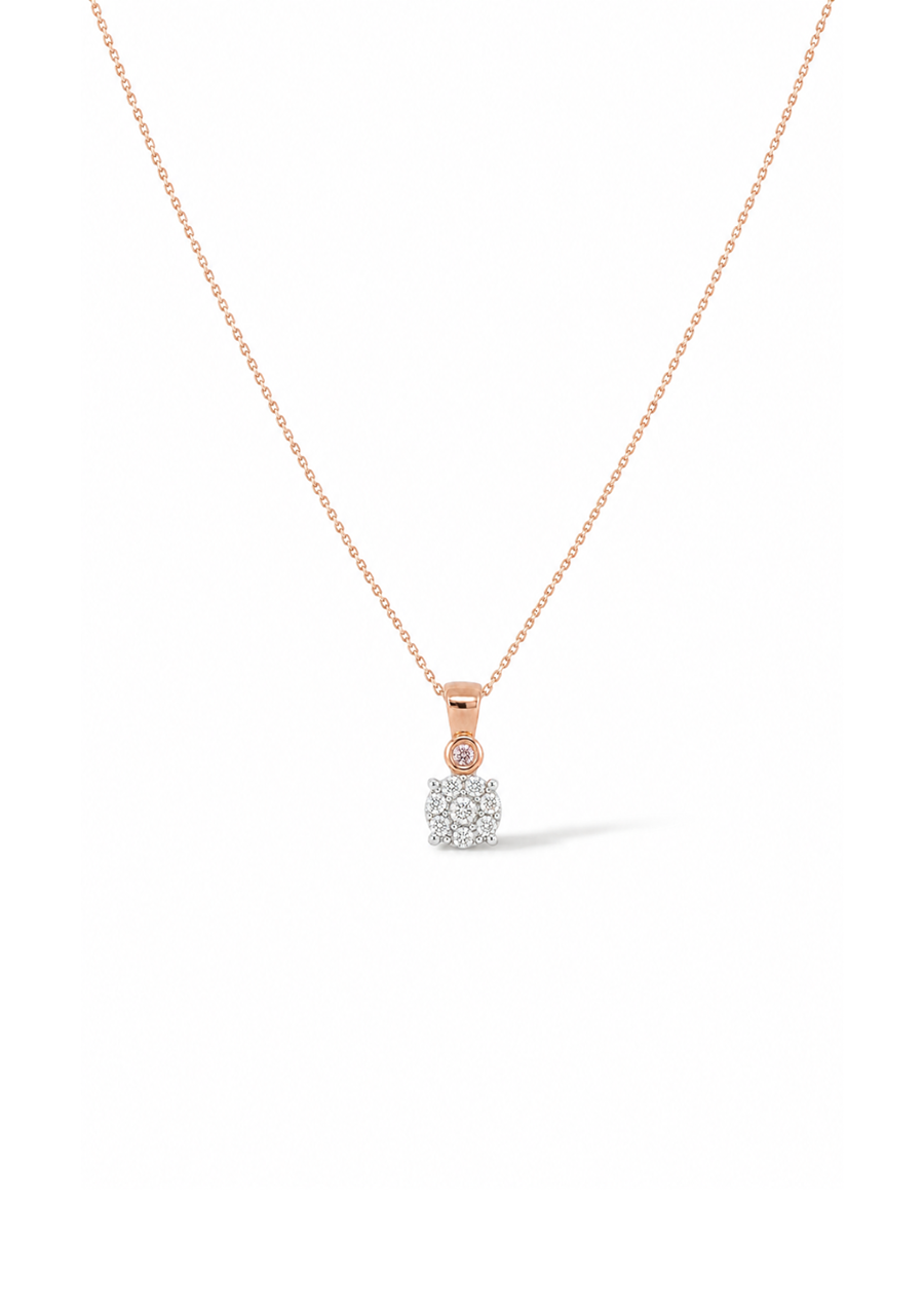 9ct Two Tone Rose and White Gold 1x Pink and 10x White Diamond Cluster Pendant