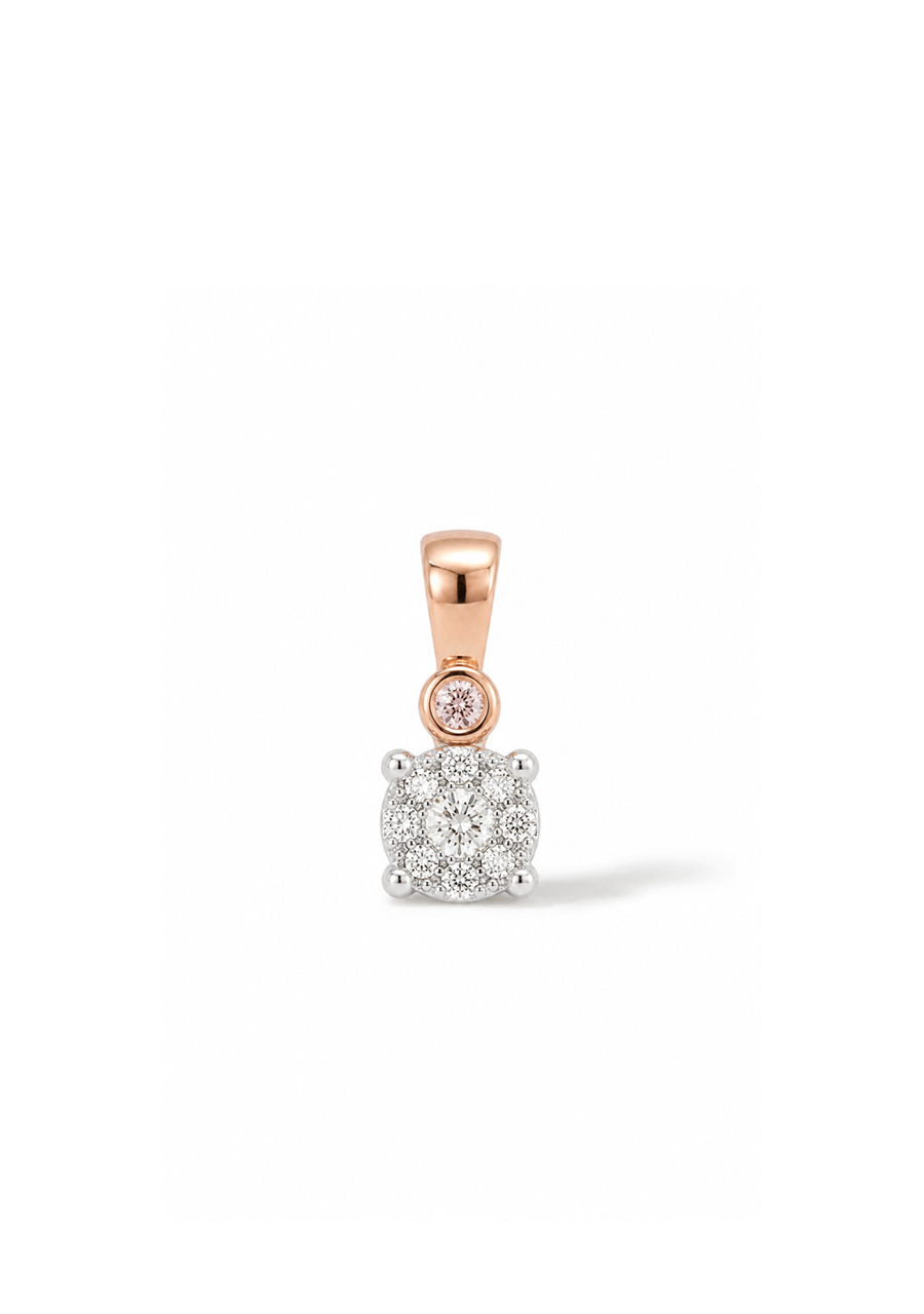 9ct Two Tone Rose and White Gold 1x Pink and 10x White Diamond Cluster Pendant