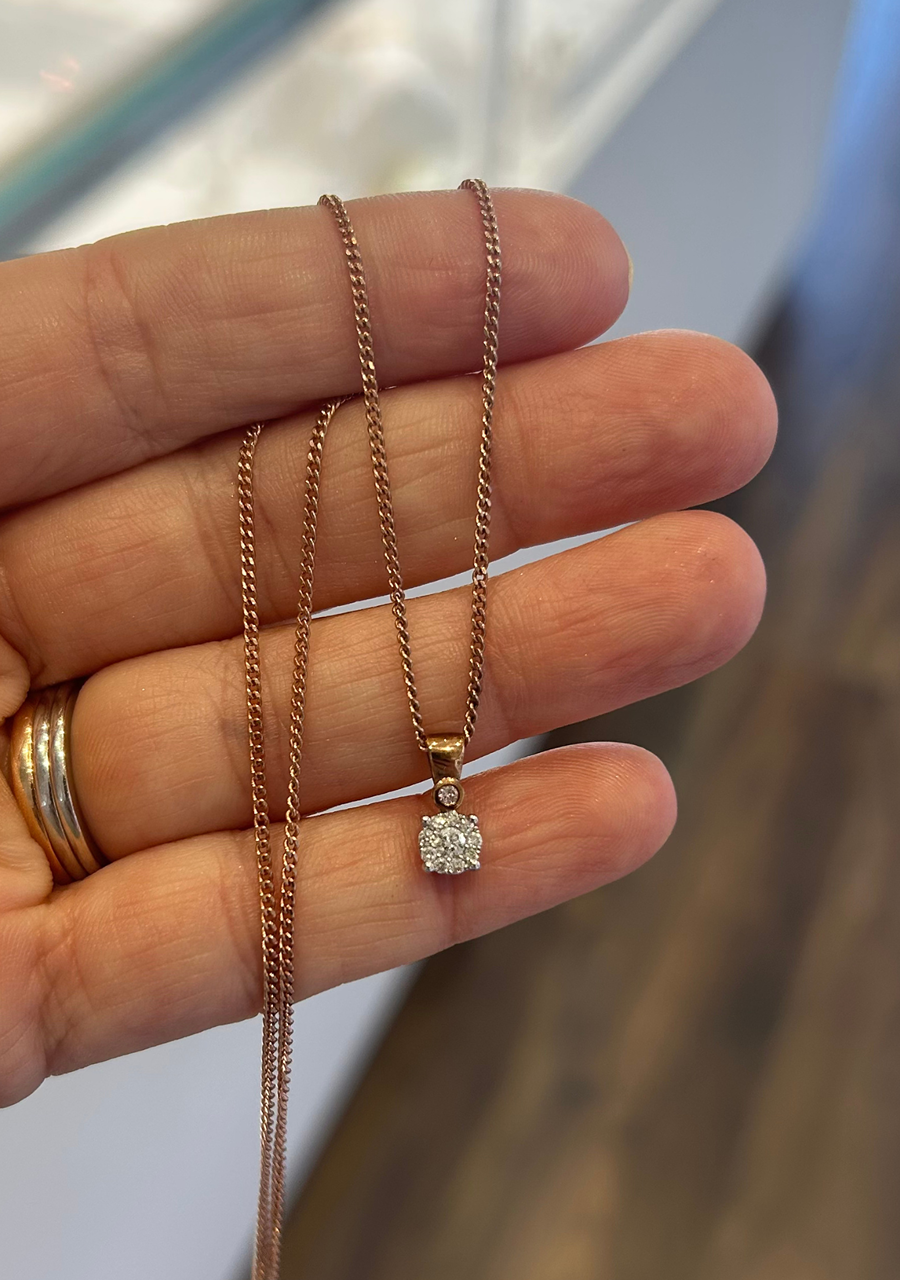 9ct Two Tone Rose and White Gold 1x Pink and 10x White Diamond Cluster Pendant