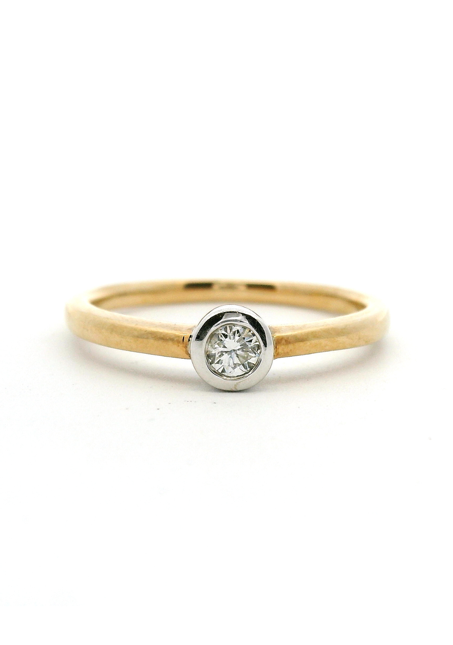 9ct Yellow & White Gold 0.10ct Round Brilliant Diamond Bezel Set Solitaire Ring