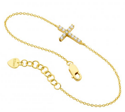 Ellani Sterling Silver Yellow Gold Plated CZ Small Cross Bracelet with Extension Chain