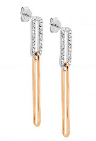 Ellani Sterling Silver Rose Gold Plated CZ Open Oval Link Drop Stud Earrings